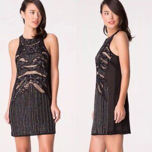 Bebe Black Iridescent Beaded Cut Out Mini Dress Size XS